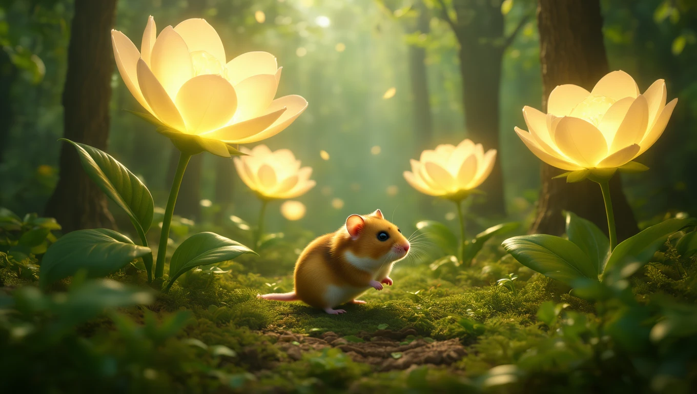 Ein Hamster erkundet eine blühende Waldlandschaft mit leuchtenden Blumen.
