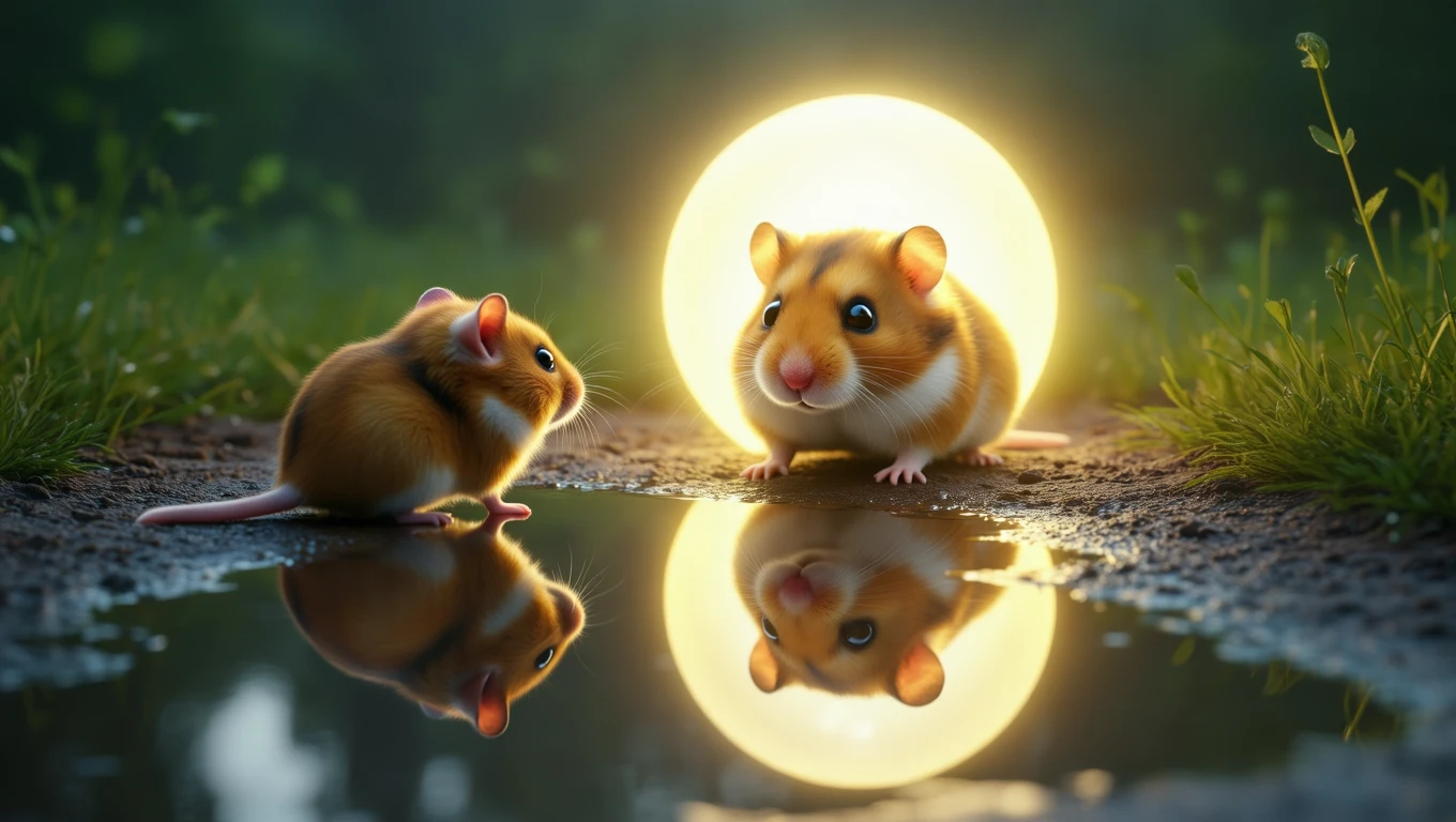 Zwei Hamster stehen am Ufer eines kleinen Teichs, reflektiert im Wasser.