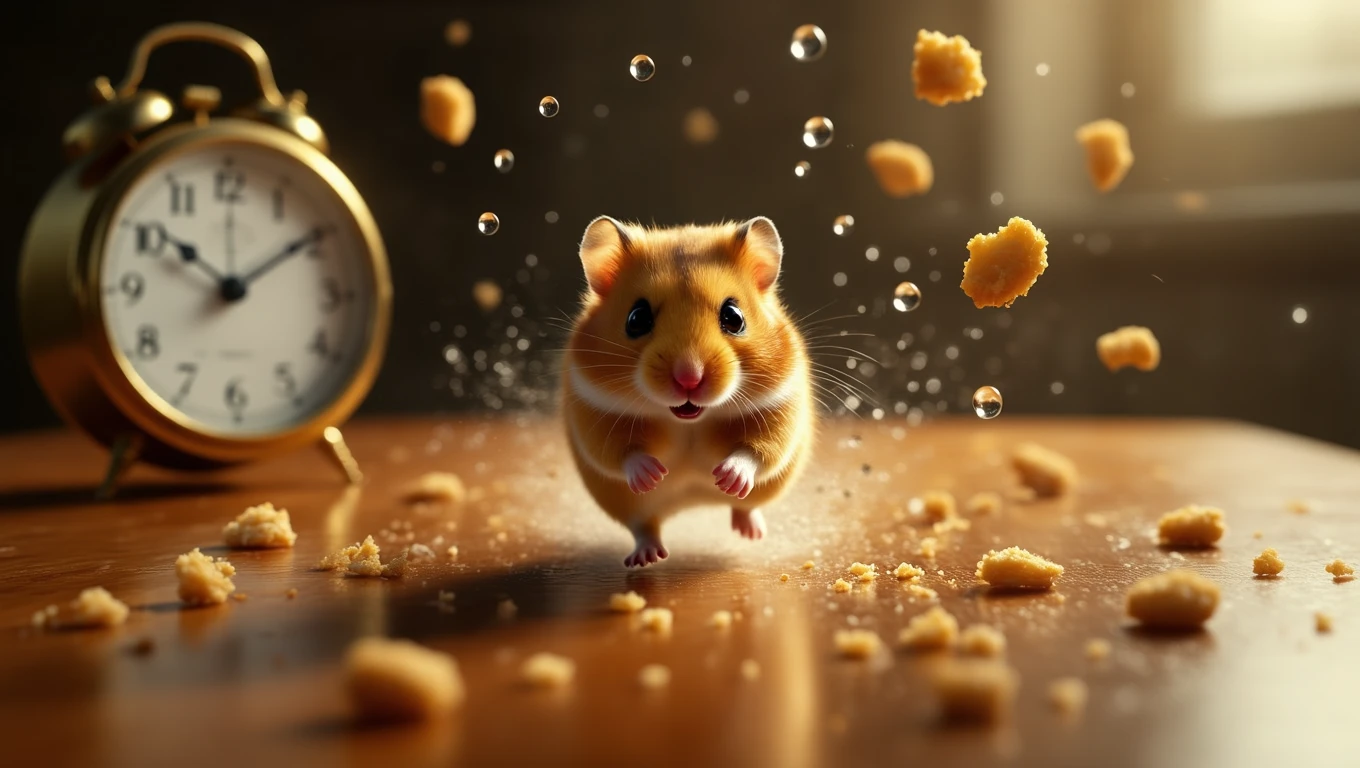 Ein Hamster läuft fröhlich über einen Tisch, umgeben von Krümeln und einer Uhr im Hintergrund.