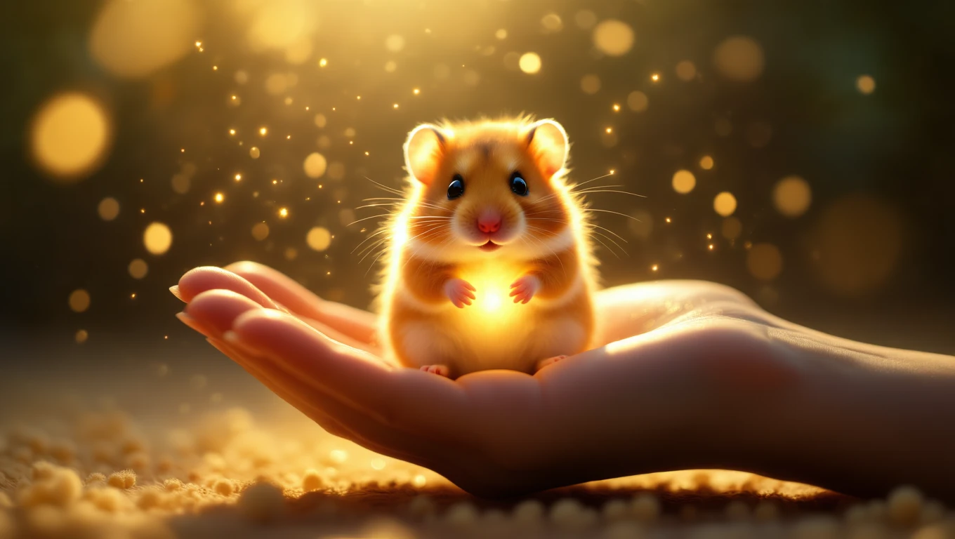 Ein Hamster sitzt in einer Hand und strahlt sanftes Licht aus.