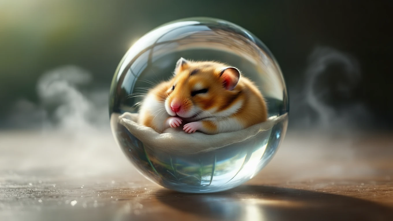 Ein schlafender Hamster in einer gläsernen Kugel, symbolisiert Ruhe und Fürsorge.