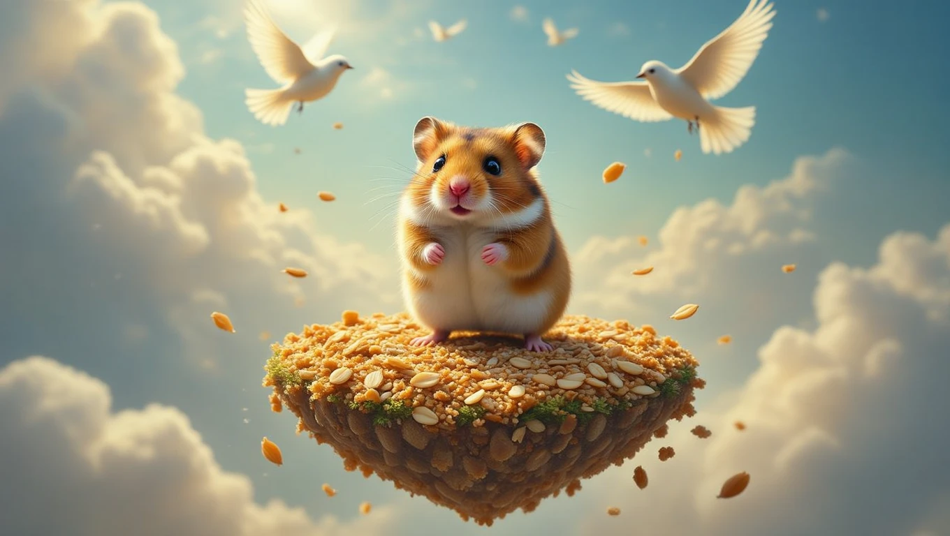 Ein Hamster steht auf einer schwebenden Plattform aus Samen und schaut neugierig.