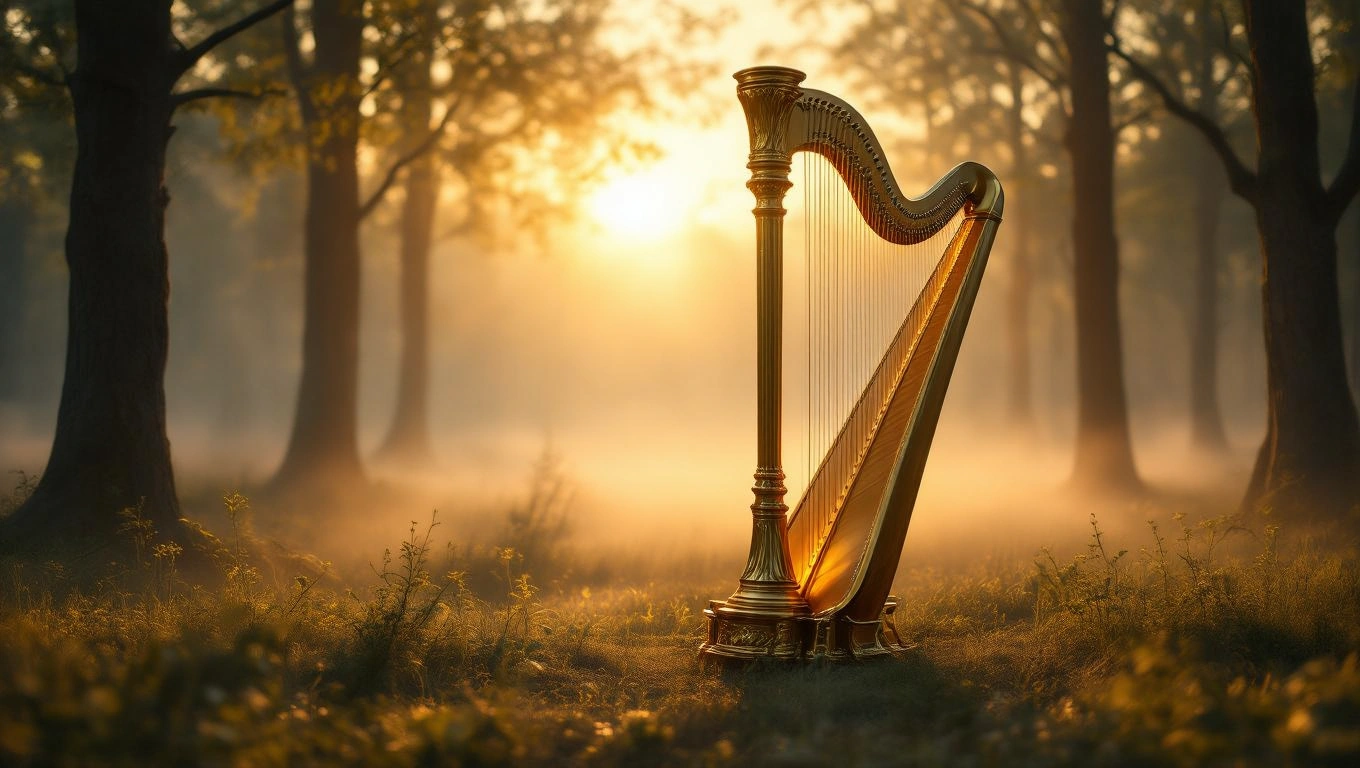Eine goldene Harfe steht im Nebelwald, umgeben von sanftem Licht.