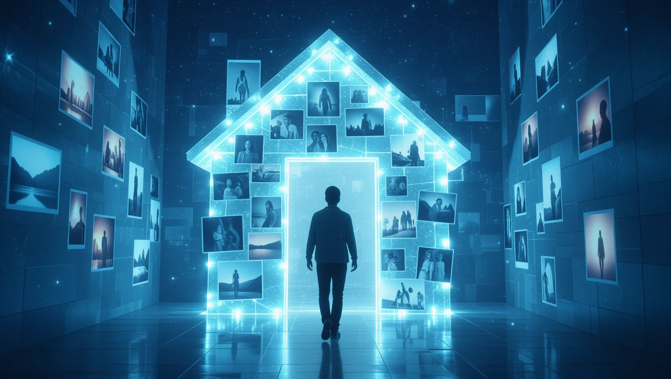 Eine Person steht vor einem leuchtenden Haus mit Bildern an den Wänden.