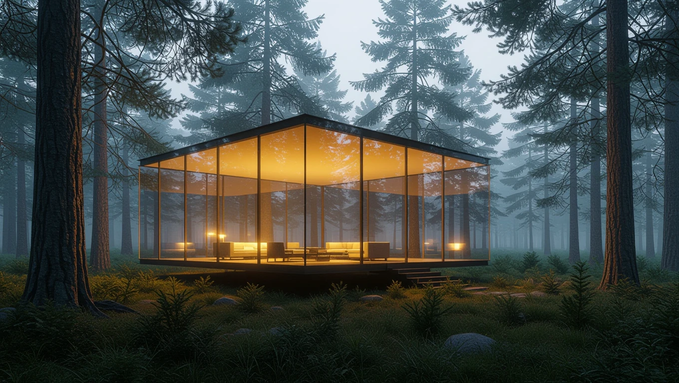 Ein modernes, gläsernes Haus im Wald, umgeben von hohen Bäumen und Nebel.