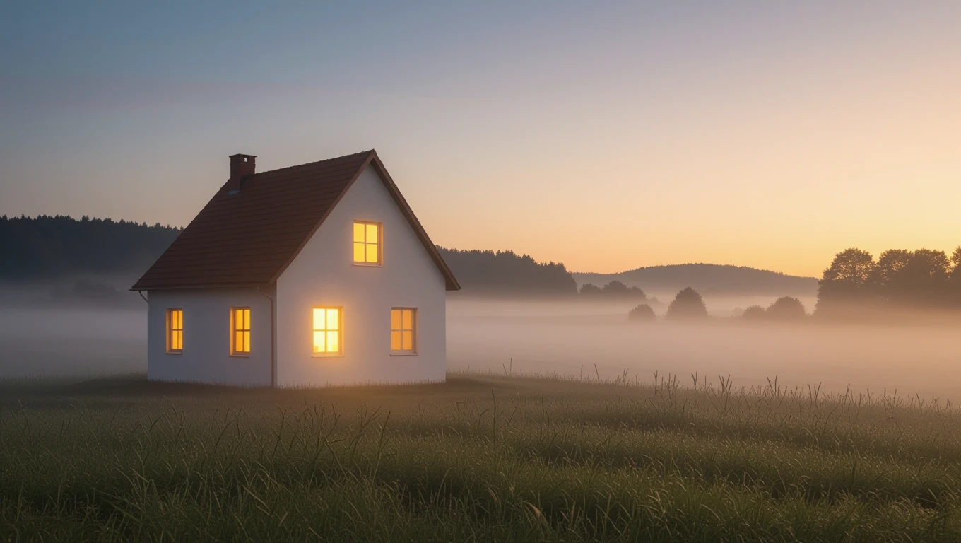 Ein einsames Haus mit beleuchteten Fenstern in einer nebligen Landschaft.
