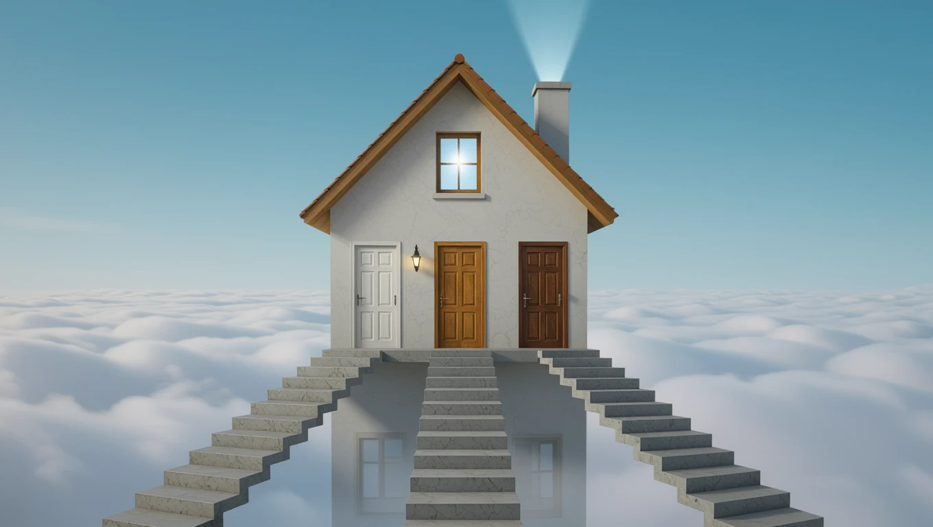 Ein stilisiertes Haus mit mehreren Türen und Treppen, schwebend über Wolken.