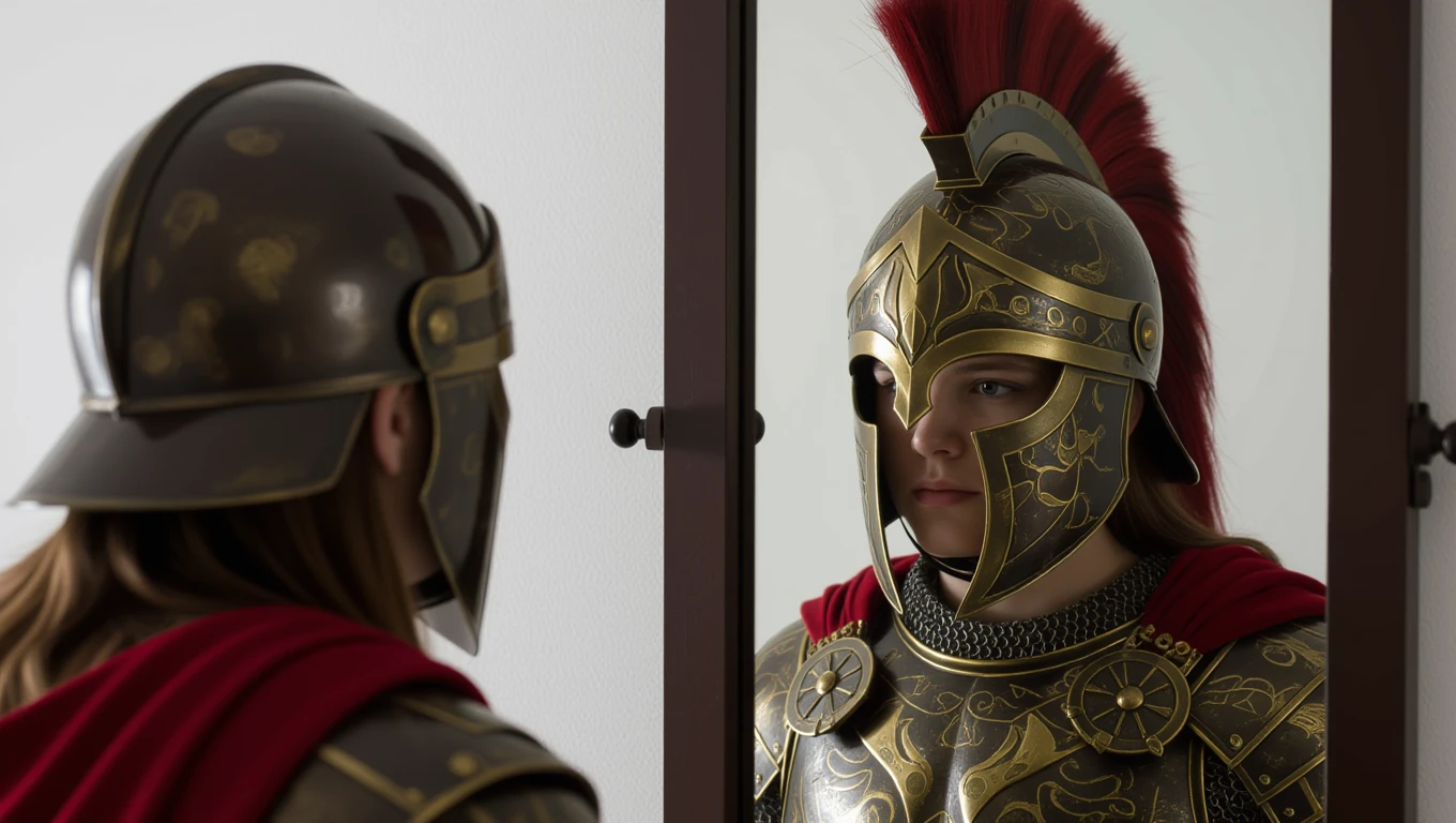 Eine Person in einem antiken Helm betrachtet sich im Spiegel.