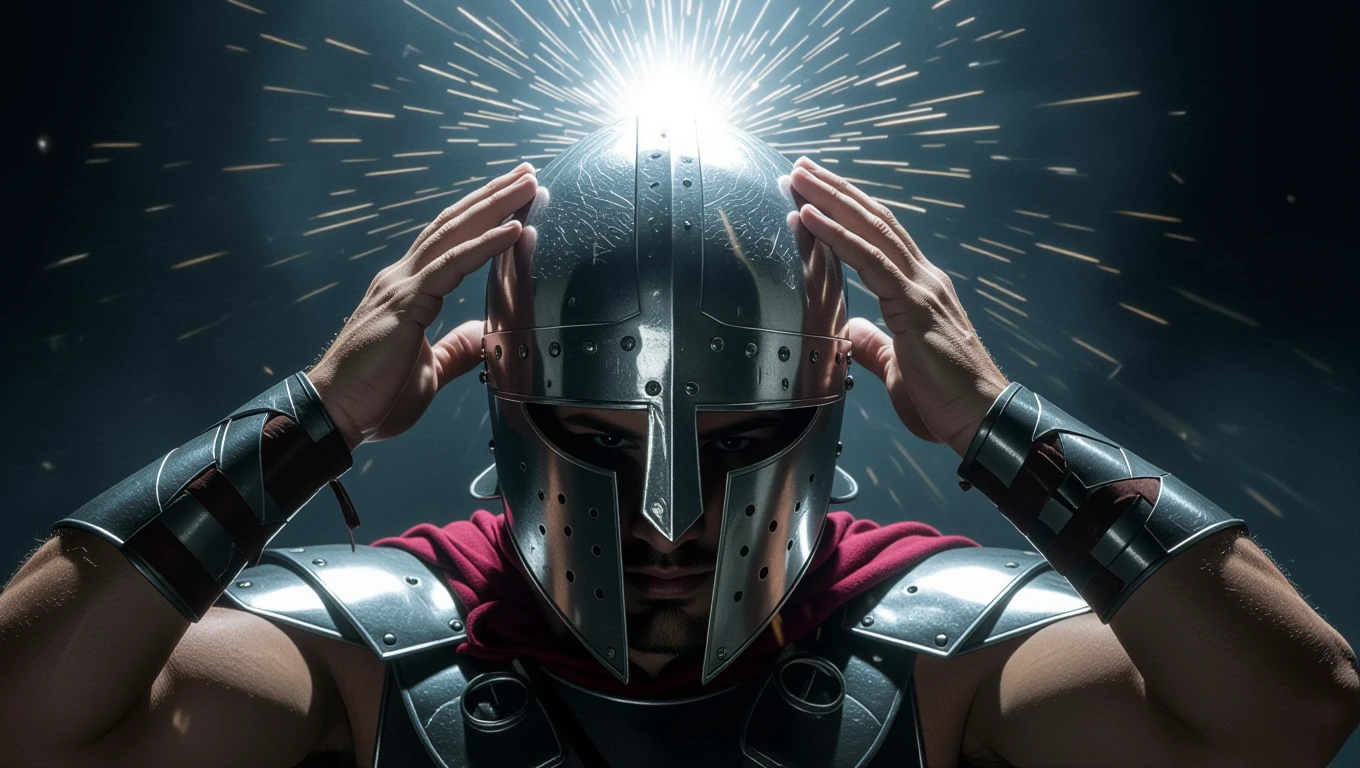 Ein Krieger mit einem glänzenden Helm, der seine Hände auf den Kopf legt, um seine Gedanken zu fokussieren.