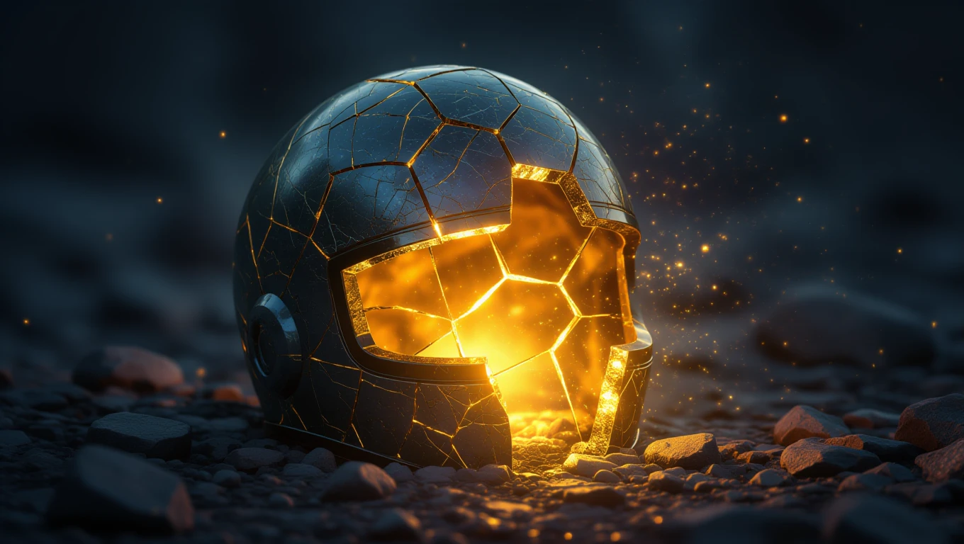 Ein leuchtender Helm mit Rissen, der geheimnisvolle Energie ausstrahlt.