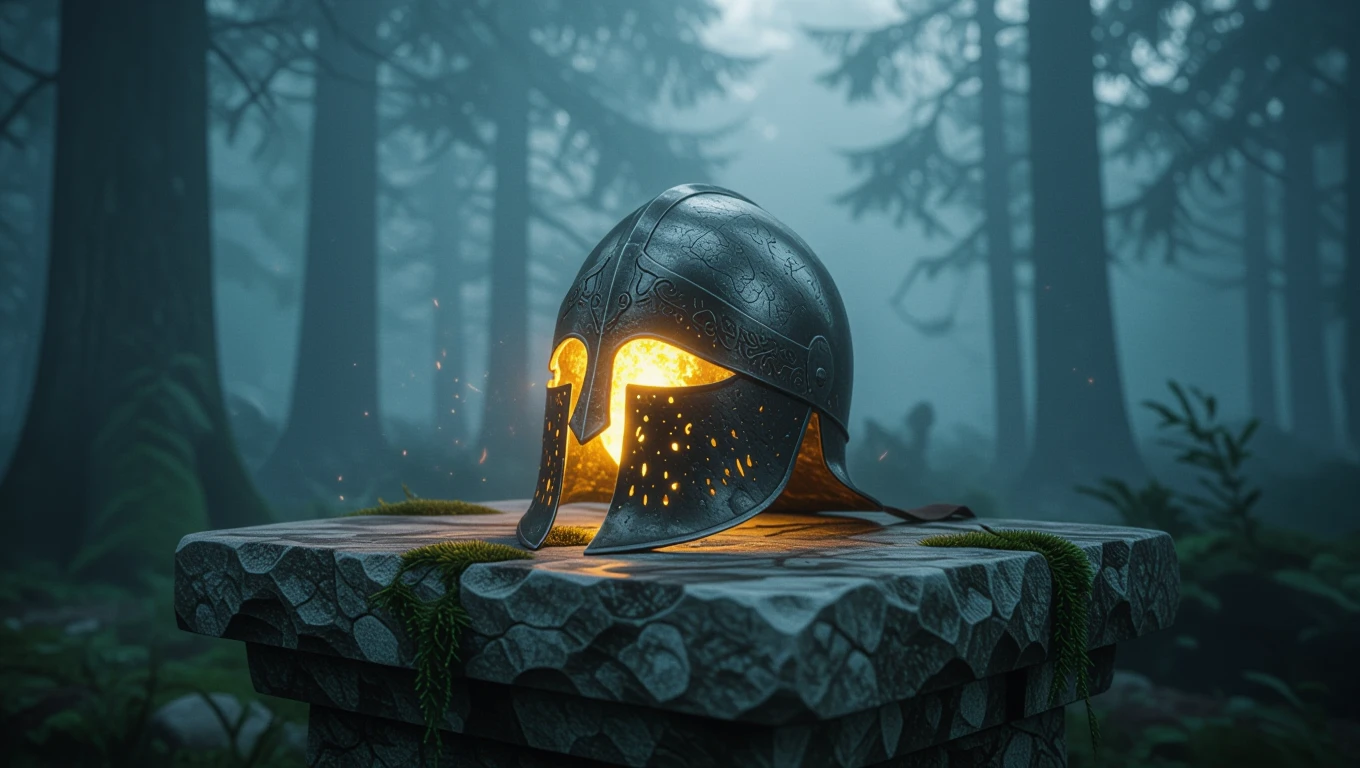 Ein leuchtender Helm auf einem steinernen Podest im Wald, umgeben von Nebel.