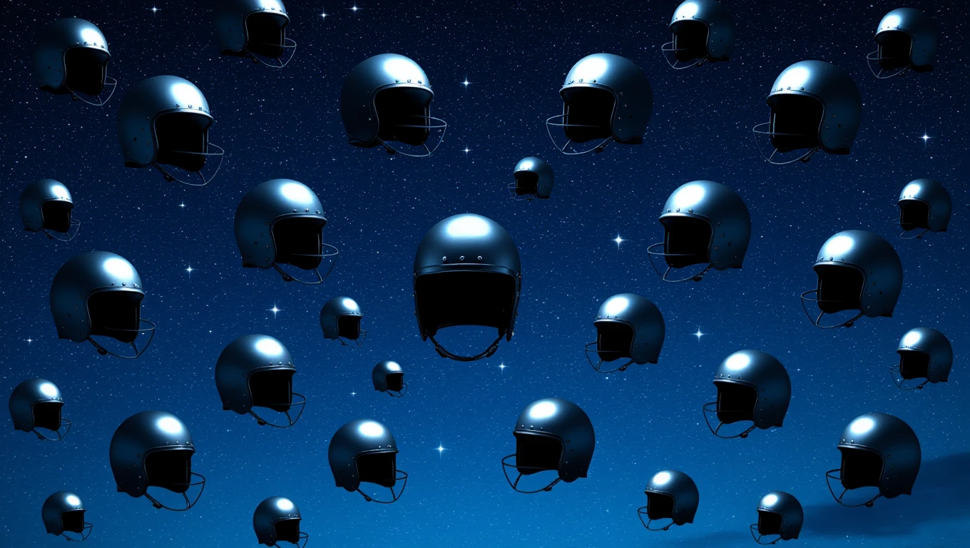 Eine Vielzahl von schwarzen Helmen schwebt im nächtlichen Himmel.