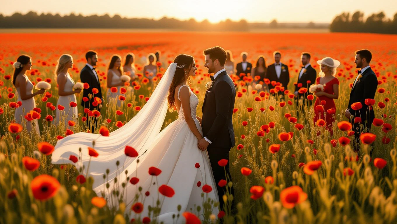 Ein Brautpaar steht in einem Mohnfeld, umgeben von Hochzeitsgästen.