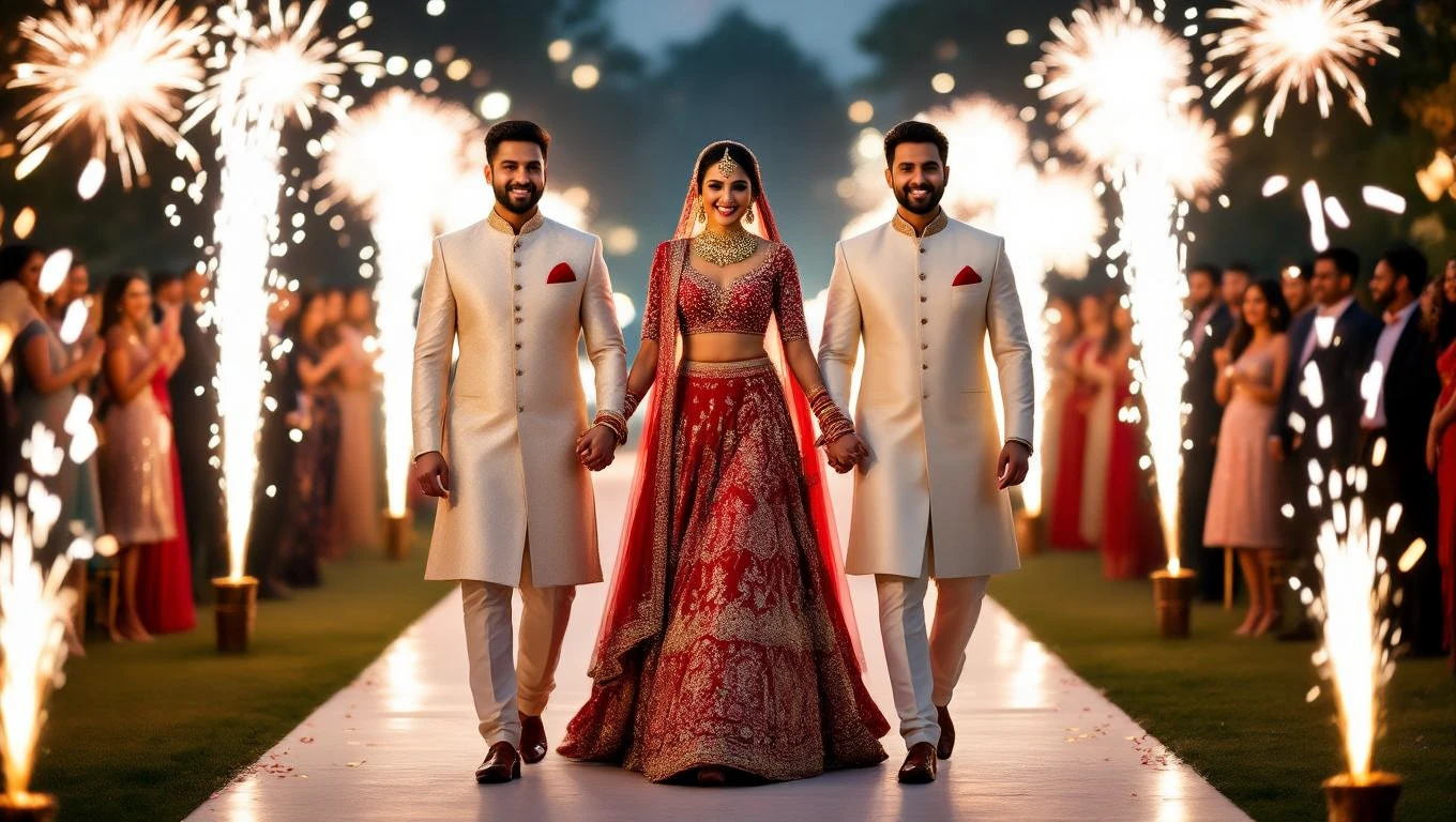 Ein Brautpaar in traditioneller indischer Hochzeitskleidung, umgeben von Feiernden und Feuerwerk.