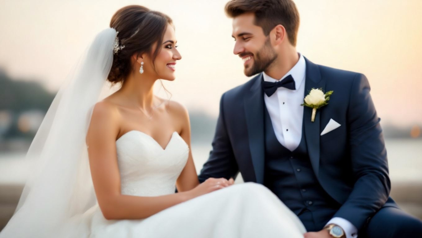 Ein Brautpaar sitzt lächelnd am Strand, umgeben von romantischer Atmosphäre.