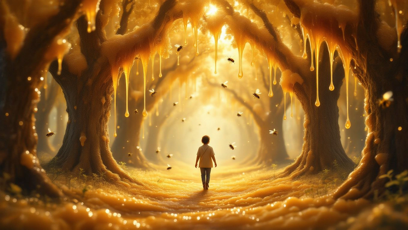 Ein Kind wandert durch einen goldenen Wald, in dem Honig von den Bäumen tropft.