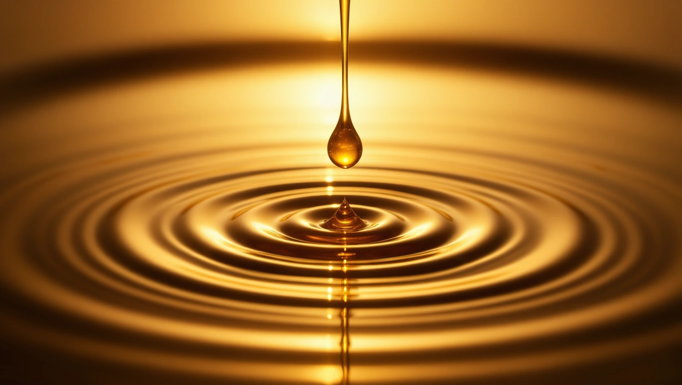 Ein Tropfen Honig fällt auf eine goldene Wasseroberfläche und erzeugt Wellen.