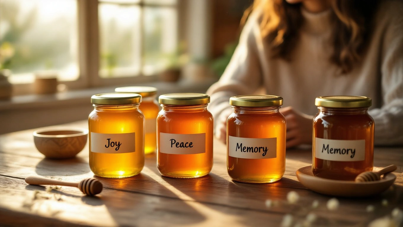 Fünf Gläser Honig auf einem Tisch, beschriftet mit Freude, Frieden und Erinnerung.