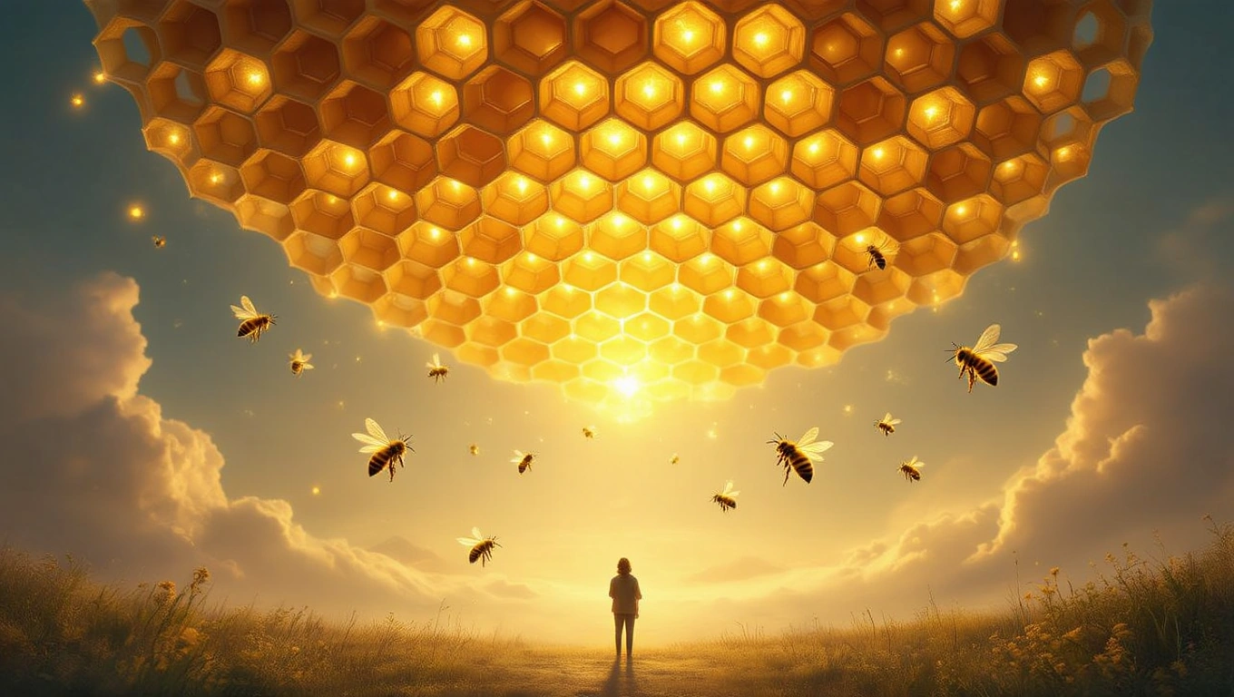 Eine Person steht unter einem schimmernden Bienenstock, umgeben von fliegenden Bienen.