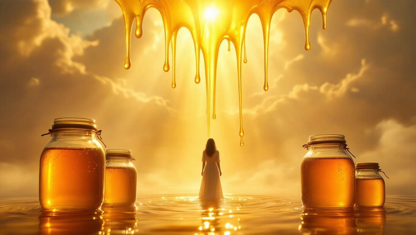 Eine Frau steht vor goldenen Honiggläsern, während Honig in die Luft tropft.