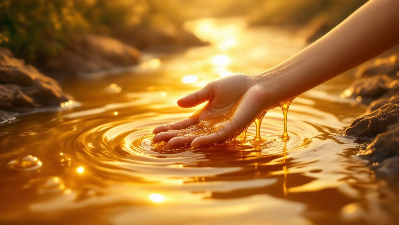 Eine Hand taucht in goldenes, honigfarbenes Wasser und erzeugt sanfte Wellen.