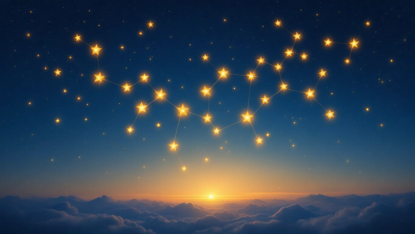 Ein nächtlicher Himmel mit leuchtenden Sternen und einem Sonnenuntergang im Hintergrund.