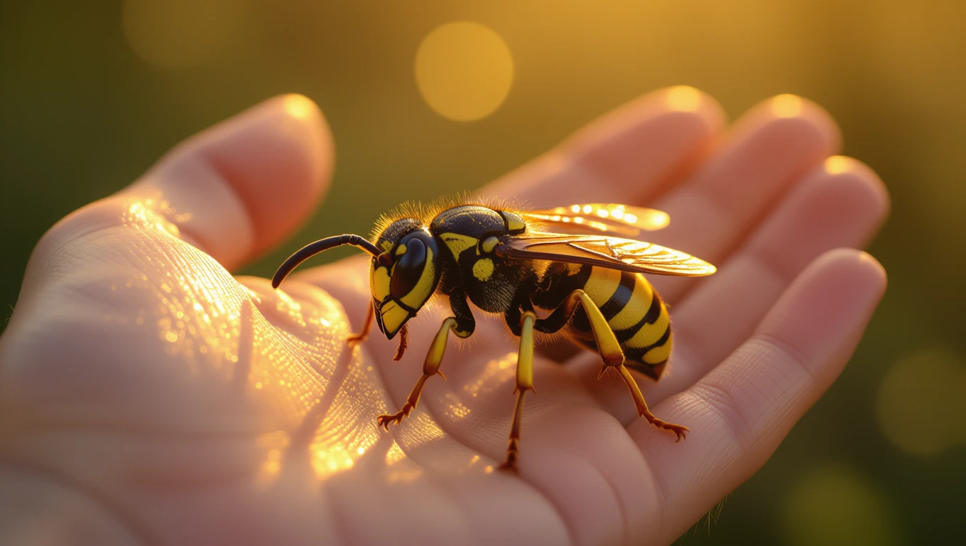 Eine Hornisse sitzt auf einer Hand, symbolisiert Stärke und Herausforderungen.