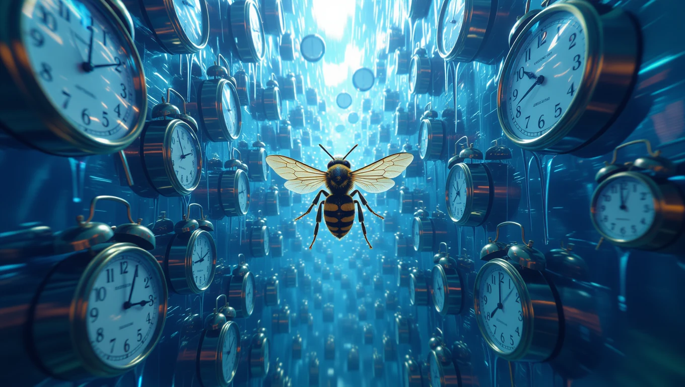 Eine Hornisse schwebt zwischen vielen Uhren in einem blauen Raum.