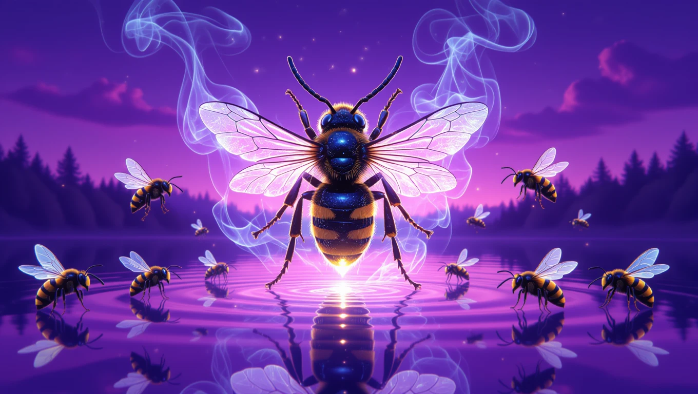 Eine Hornisse schwebt über einem ruhigen See, umgeben von anderen Bienen.