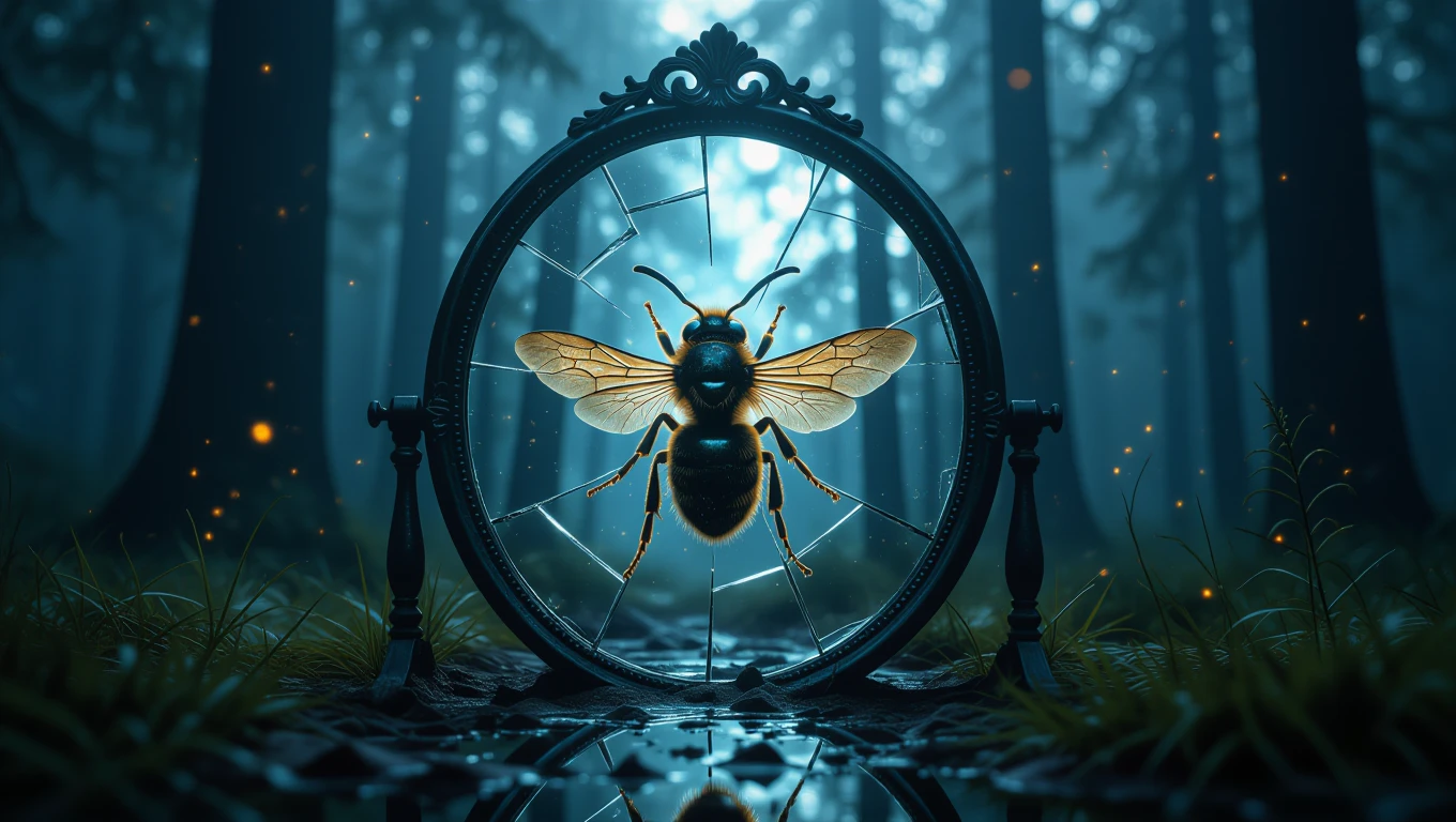 Eine Hornisse fliegt durch einen zerbrochenen Spiegel im Wald.