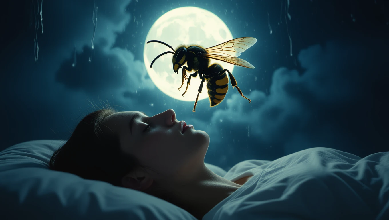Eine schlafende Person träumt von einer Hornisse vor einem vollen Mond.