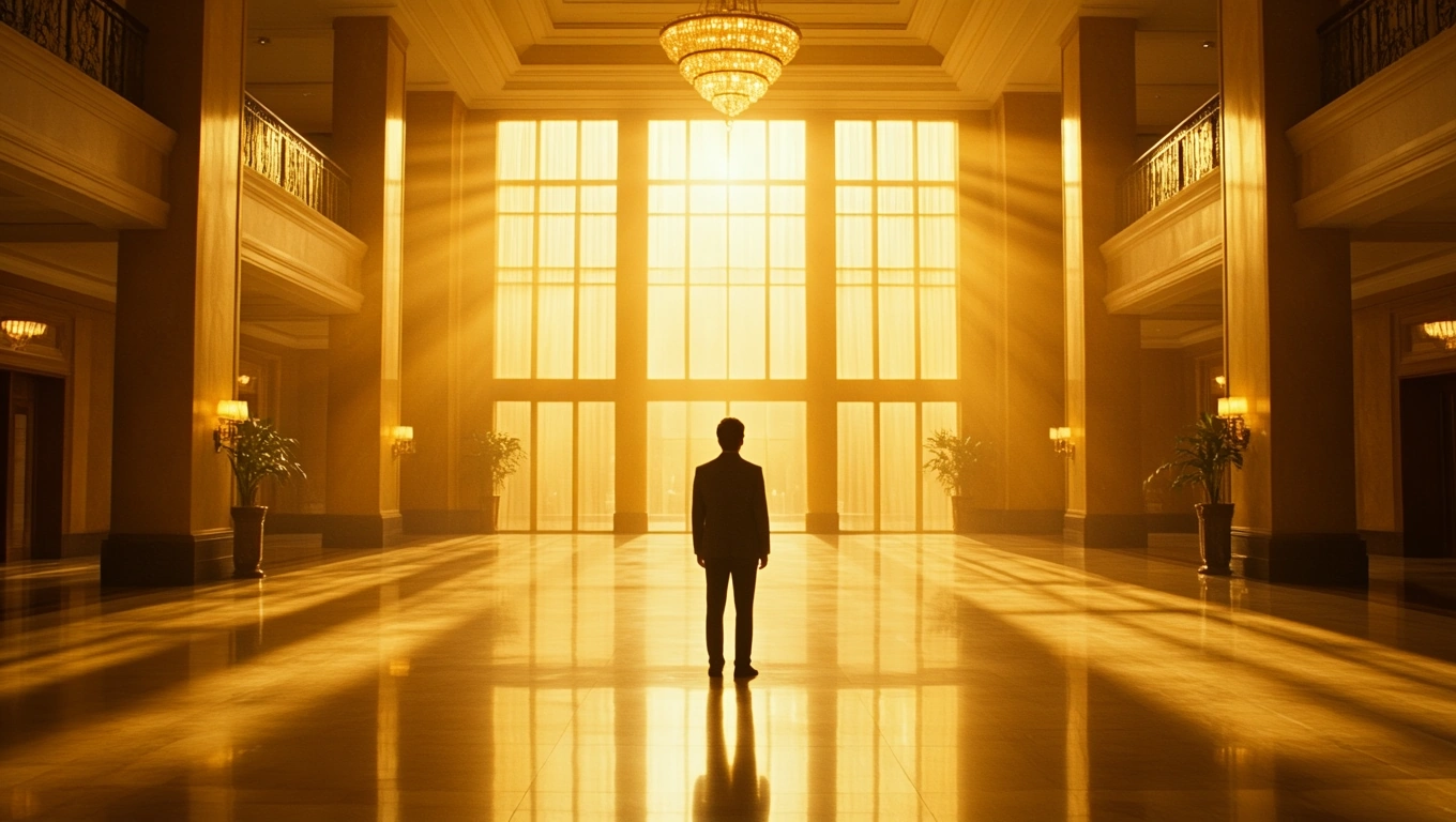 Ein Mann steht in einem eleganten Hotel-Lobby, beleuchtet von goldenem Licht.