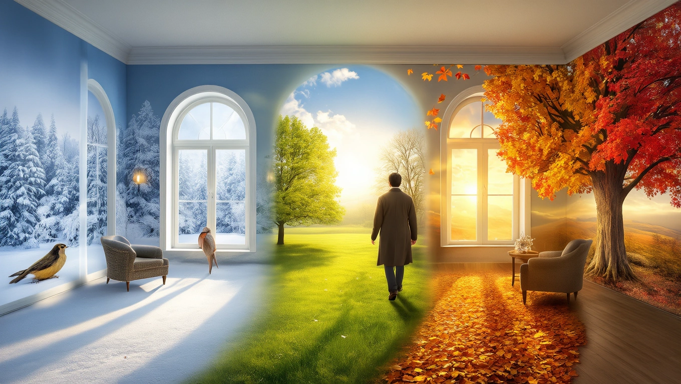 Ein Mann steht in einem Raum, der verschiedene Jahreszeiten darstellt: Winter, Frühling, Sommer und Herbst.