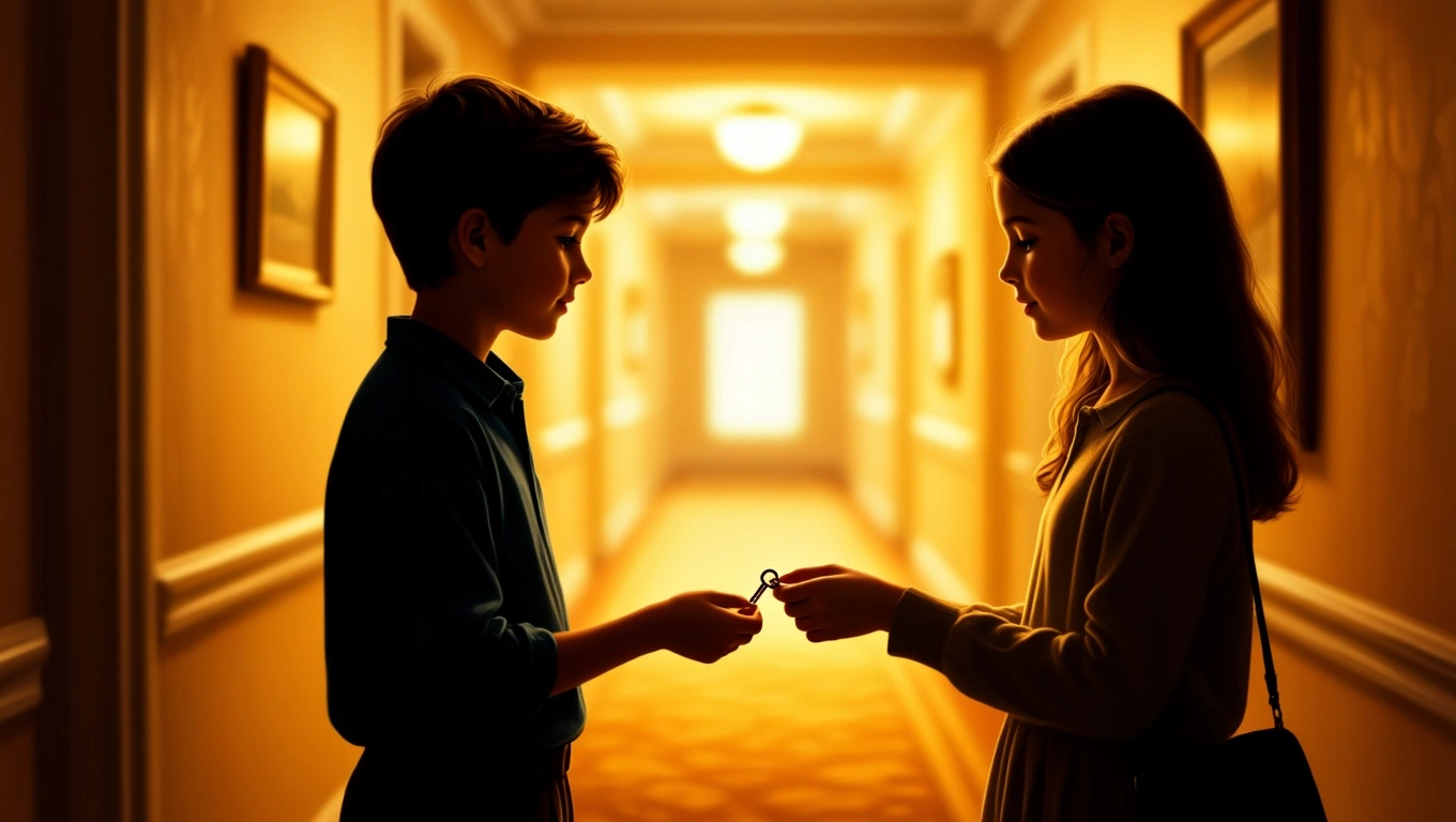 Zwei Kinder stehen in einem Hotelgang und tauschen einen Schlüssel aus.