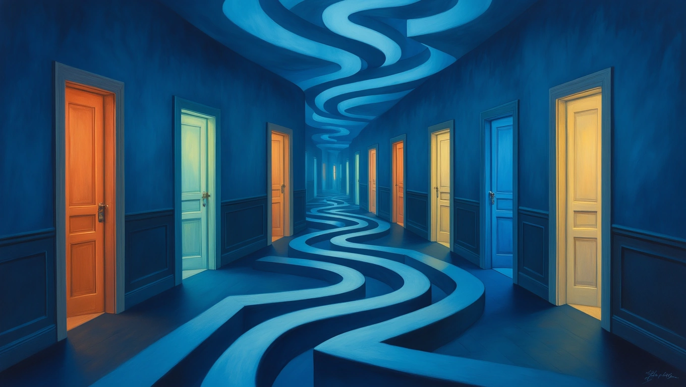 Ein surrealer Hotelflur mit bunten Türen und einem geschwungenen Boden.