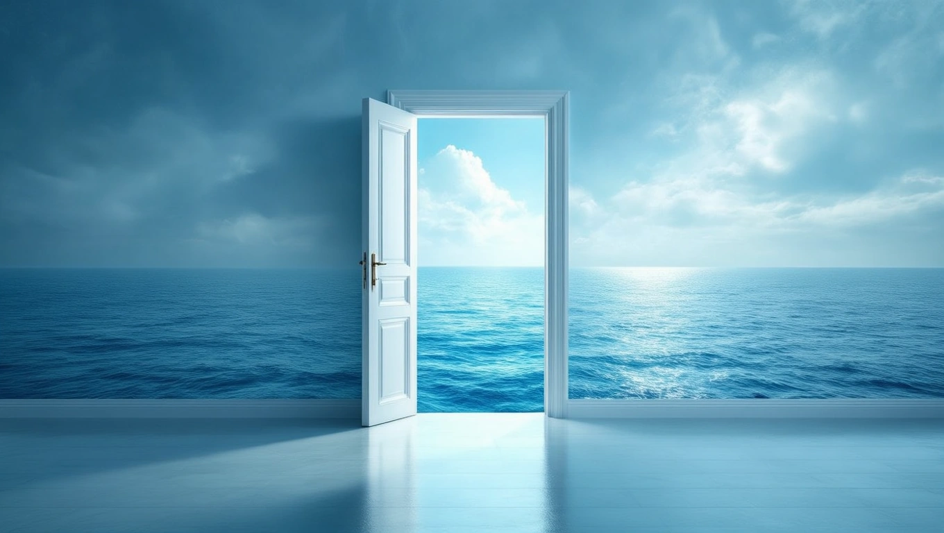 Eine offene Tür mit Blick auf das weite, ruhige Meer und den Himmel.
