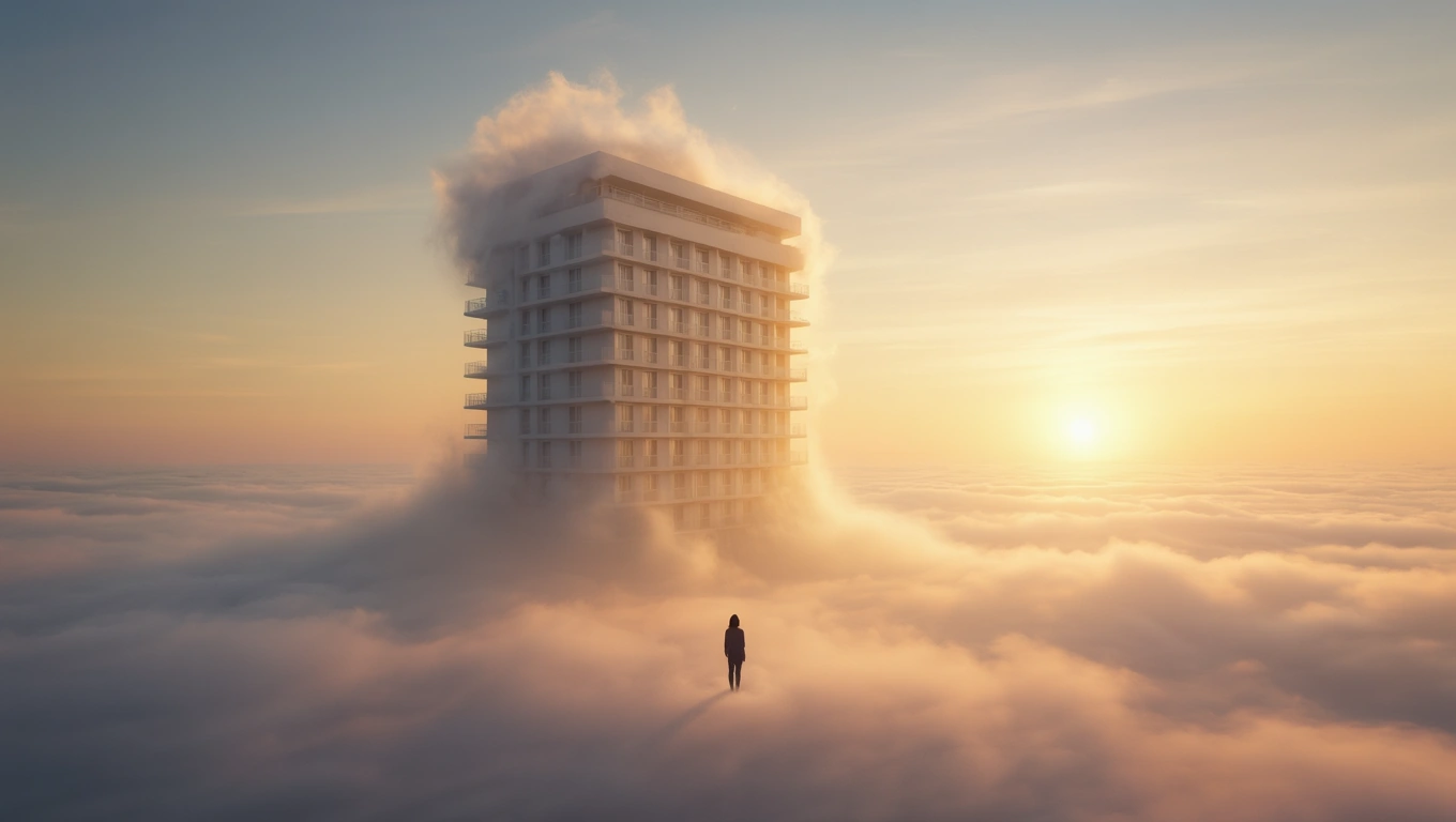 Ein mystisches Hotel schwebt über den Wolken bei Sonnenuntergang.