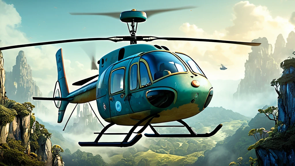 Ein farbenfroher Hubschrauber schwebt über einer malerischen Landschaft mit Bergen.