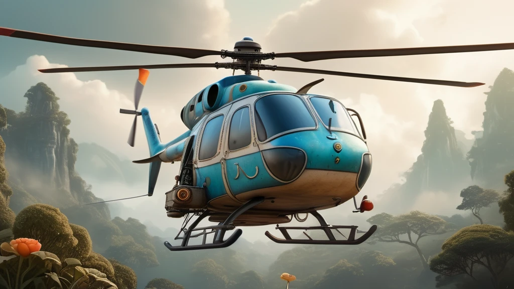 Ein blauer Hubschrauber schwebt über einer malerischen Landschaft mit Bergen.