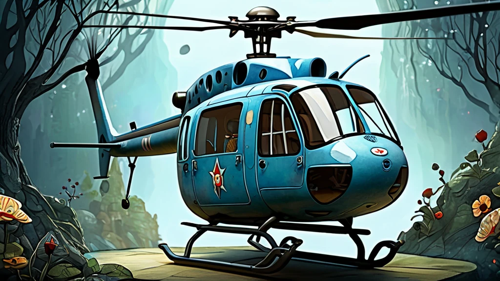 Ein blauer Hubschrauber steht in einer mystischen Waldlandschaft.