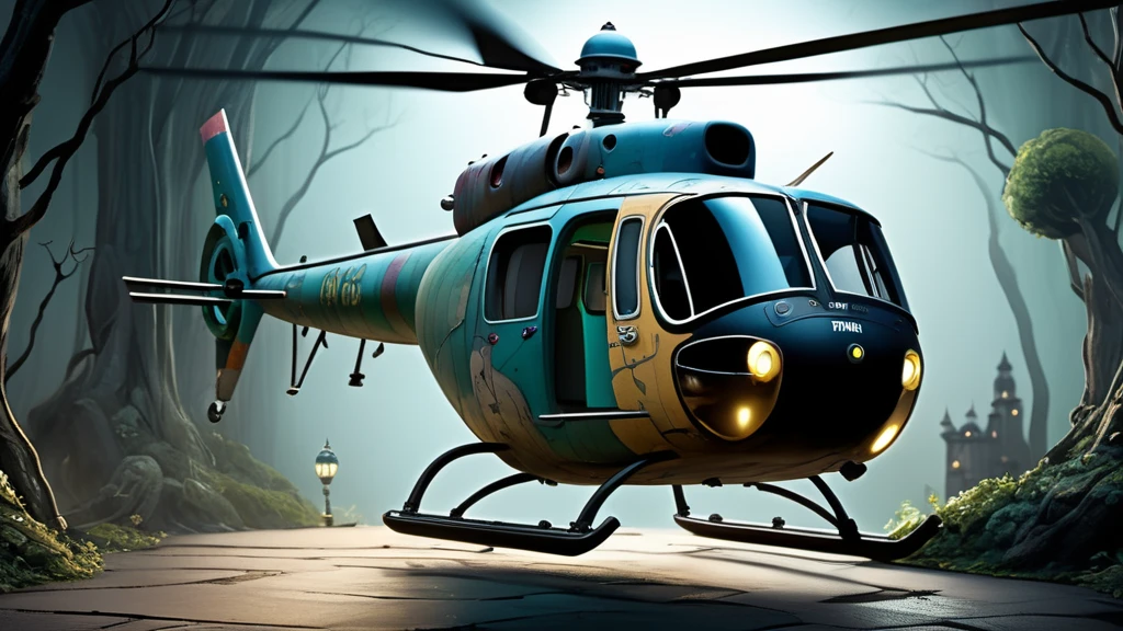 Ein bunter Hubschrauber steht in einem mystischen Wald mit schattigen Bäumen.
