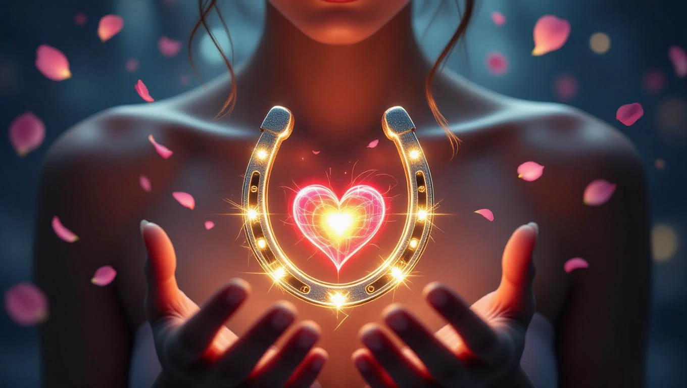 Eine Frau hält ein leuchtendes Hufeisen mit einem Herz in der Mitte.