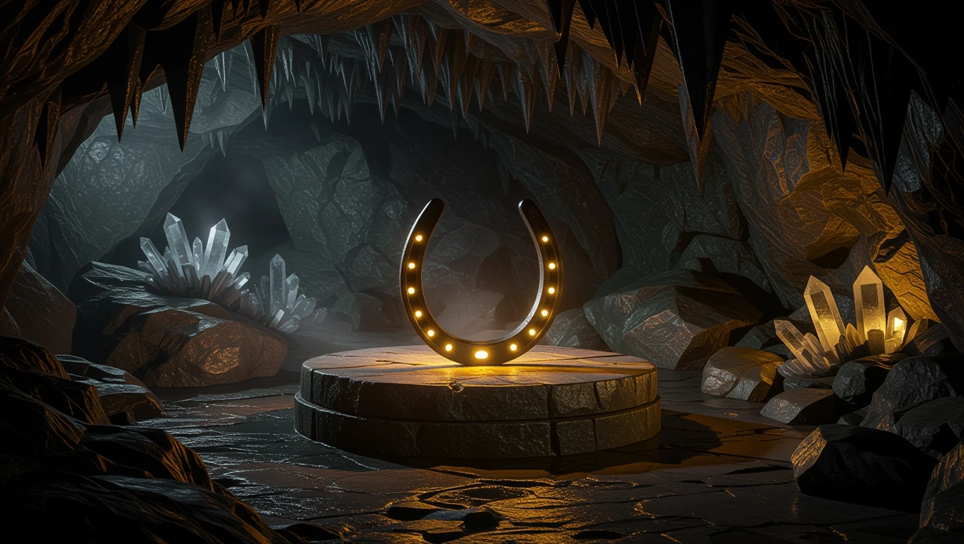 Ein leuchtendes Hufeisen auf einem Steinsockel in einer Höhle, umgeben von Kristallen.