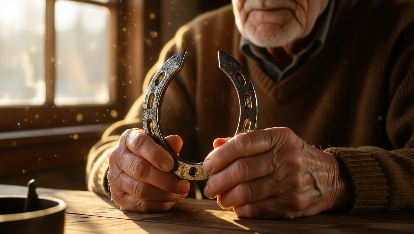 Ein älterer Mann hält ein Hufeisen in den Händen, Symbol für Glück.