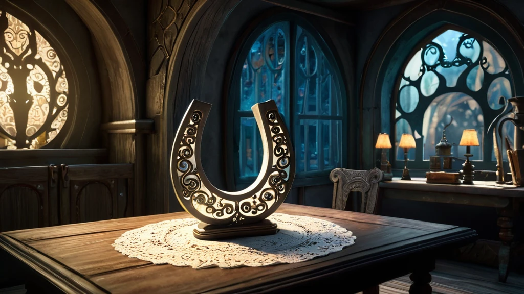 Ein kunstvoll gestaltetes Hufeisen auf einem Tisch in einem gemütlichen Raum.