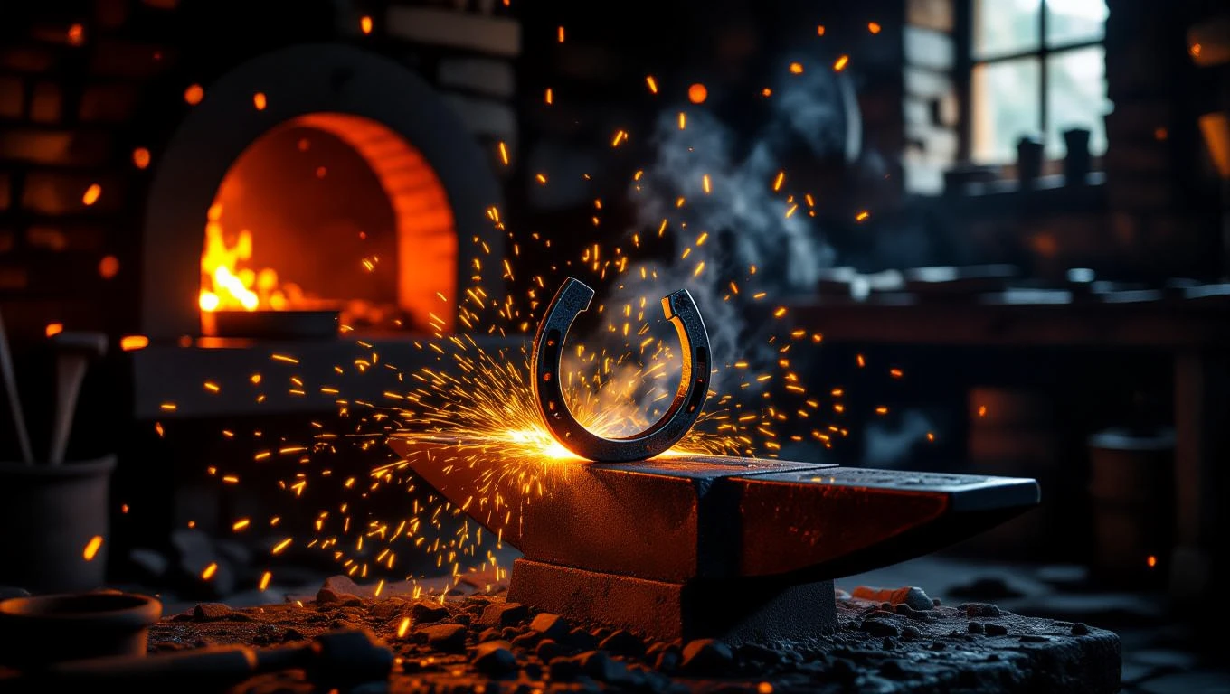 Ein glühendes Hufeisen auf einem Amboss in einer Schmiede, umgeben von Funken.