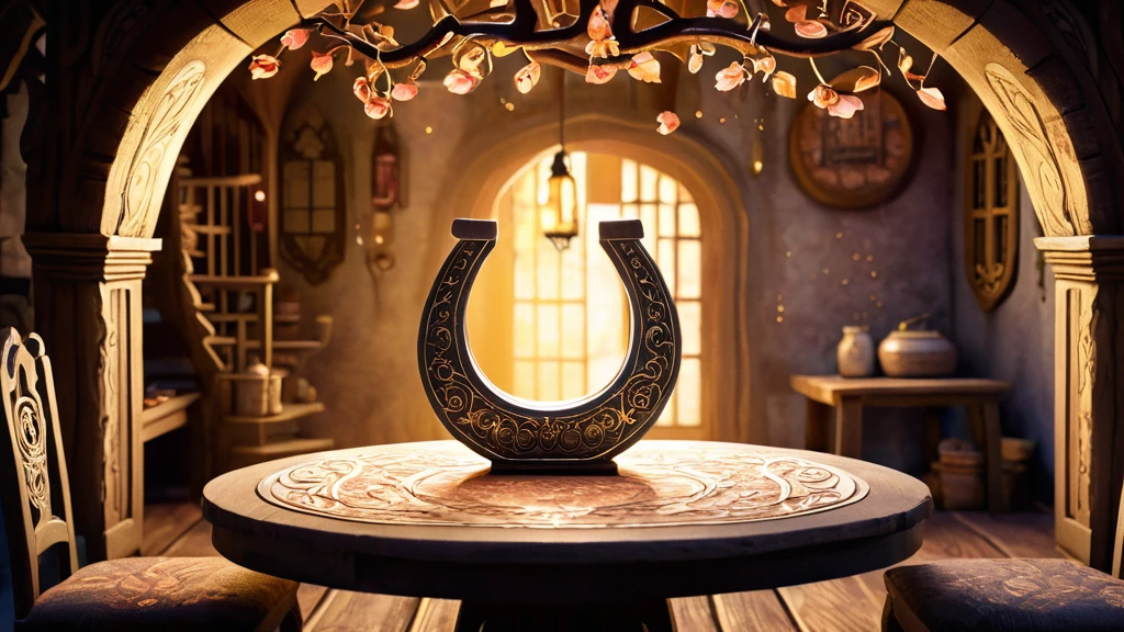 Ein kunstvoll gestaltetes Hufeisen auf einem Tisch in einem gemütlichen Raum.