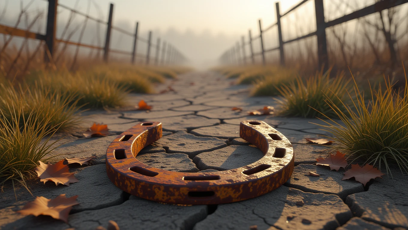 Ein rostiges Hufeisen liegt auf einem trockenen, rissigen Bodenweg.