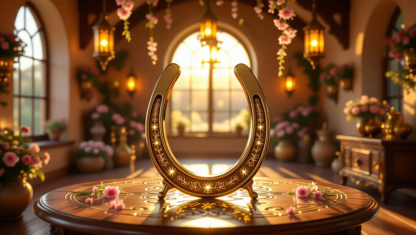 Ein kunstvoll gestaltetes Hufeisen auf einem Tisch in einem blühenden Raum.