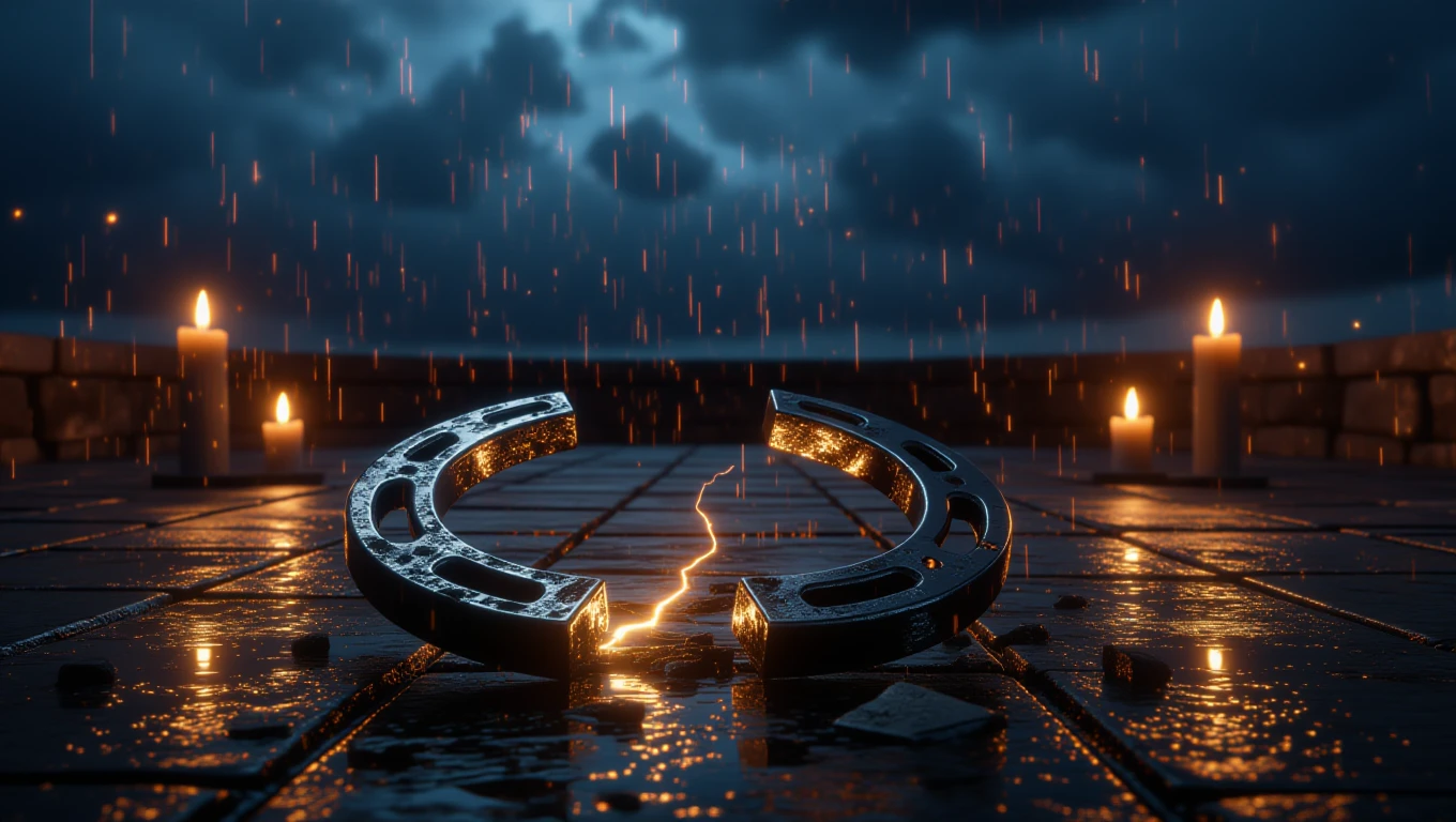 Ein zerbrochenes Hufeisen liegt auf einem nassen Boden, umgeben von Kerzen.